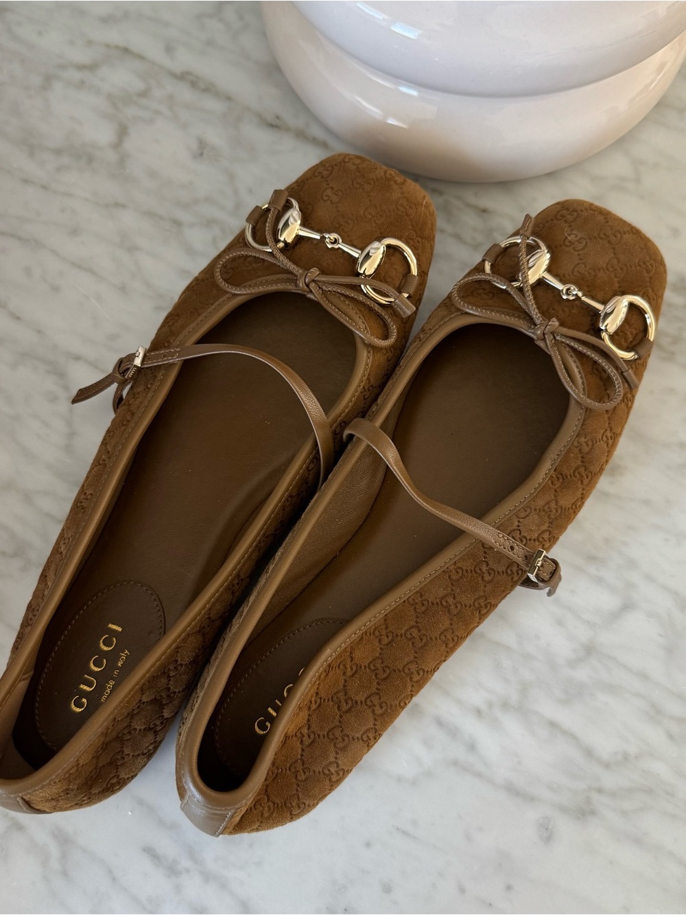 Gucci Brown Suede GG Horsebit Ballet Flats with Ankle Strap - Picture 3 of 7